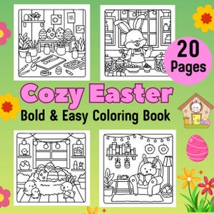 May include: A black and white coloring book with 20 pages featuring illustrations of bunnies, eggs, and other Easter-themed imagery. The title of the book is "Cozy Easter Bold & Easy Coloring Book".
