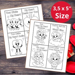May include: A set of eight printable Valentine's Day cards featuring black and white illustrations of hearts, angels, and clouds. The cards are 3.5 inches by 5 inches and include phrases like "You Stole My Heart" and "You Make My Heart Smile".