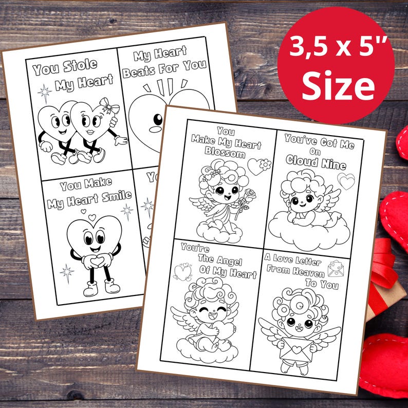 May include: A set of eight printable Valentine's Day cards featuring black and white illustrations of hearts, angels, and clouds. The cards are 3.5 inches by 5 inches and include phrases like "You Stole My Heart" and "You Make My Heart Smile".