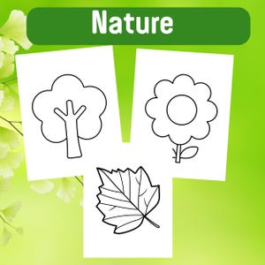 Pu&ograve; includere: Disegni in bianco e nero di un albero, un fiore e una foglia. Il titolo "Natura" &egrave; in cima alla pagina.