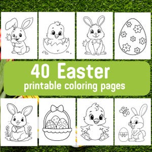 Könnte beinhalten: Ein Set mit 40 Schwarzweiß-Malvorlagen für Ostern mit Hasen, Küken, Eiern und Körben. Die Seiten sind perfekt für Kinder zum Ausmalen und Feiern des Feiertags.
