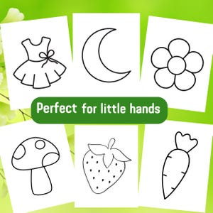 Pu&ograve; includere: Disegni in bianco e nero di una linea di un vestito, una luna crescente, un fiore, un fungo, una fragola e una carota. Il testo "Perfetto per le piccole mani" &egrave; sotto la fila superiore di immagini.