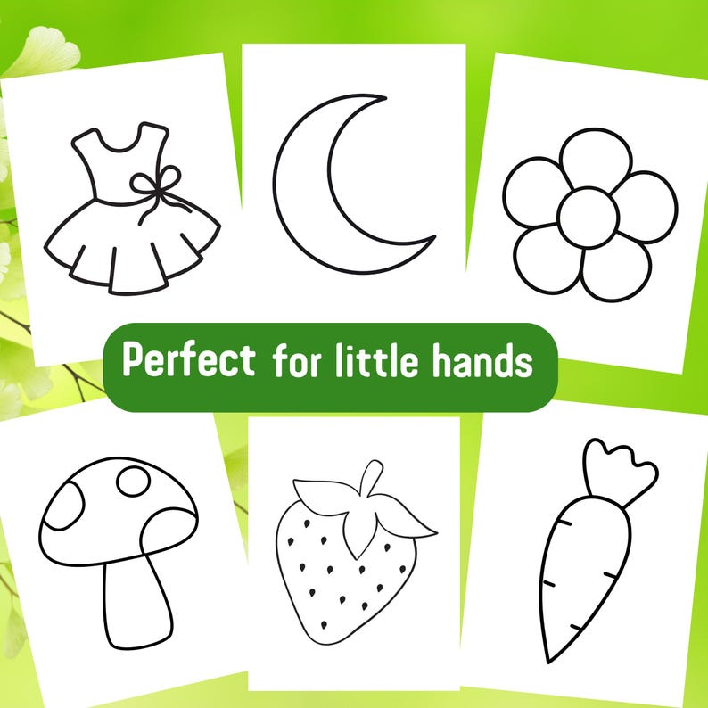 Pu&ograve; includere: Disegni in bianco e nero di una linea di un vestito, una luna crescente, un fiore, un fungo, una fragola e una carota. Il testo "Perfetto per le piccole mani" &egrave; sotto la fila superiore di immagini.