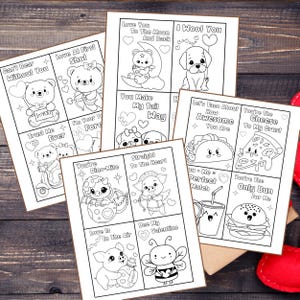 May include: A set of printable Valentine's Day cards featuring cute animal and food illustrations with puns. The cards are black and white and ready to be colored.