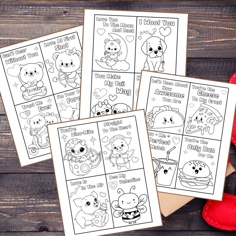 May include: A set of printable Valentine's Day cards featuring cute animal and food illustrations with puns. The cards are black and white and ready to be colored.