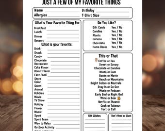 My Favorite Things List | Favorite Things Questionnaire | Employee Favorites |Team Building Get to Know Me Questionnaire Printable
