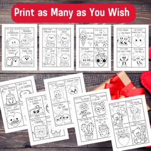 May include: A set of printable Valentine's Day cards featuring cute cartoon characters and romantic messages. The cards are black and white and ready to be colored in. The cards include messages such as "You are the cherry on top", "I like you a latte", "You make my heart smile", and "You are my better half".