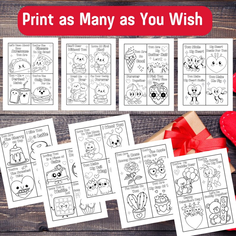 May include: A set of printable Valentine's Day cards featuring cute cartoon characters and romantic messages. The cards are black and white and ready to be colored in. The cards include messages such as "You are the cherry on top", "I like you a latte", "You make my heart smile", and "You are my better half".