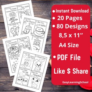 May include: A set of 20 printable pages with 80 Valentine's Day coloring pages featuring cute illustrations and messages. The pages are 8.5 inches by 11 inches and are designed for A4 size paper. The pages are in black and white and are perfect for coloring.