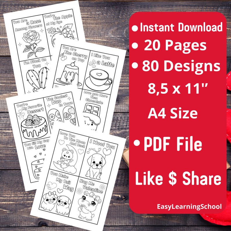 May include: A set of 20 printable pages with 80 Valentine's Day coloring pages featuring cute illustrations and messages. The pages are 8.5 inches by 11 inches and are designed for A4 size paper. The pages are in black and white and are perfect for coloring.