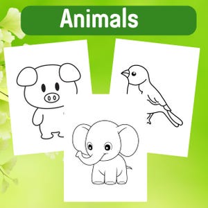 Pu&ograve; includere: Illustrazioni in bianco e nero di un maiale, un elefante e un uccello. Le immagini sono su fogli di carta bianchi separati con la parola "Animali" in alto.