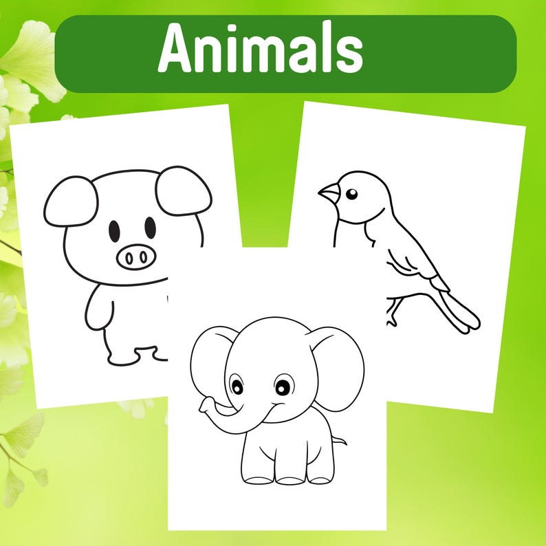 Pu&ograve; includere: Illustrazioni in bianco e nero di un maiale, un elefante e un uccello. Le immagini sono su fogli di carta bianchi separati con la parola "Animali" in alto.