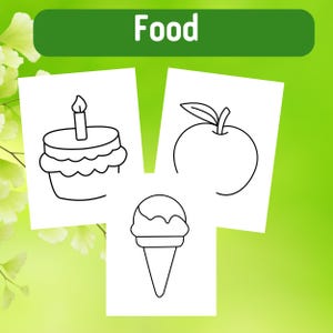 Pu&ograve; includere: Disegni in bianco e nero di tre alimenti: una torta di compleanno con una candela, una mela e un cono gelato.