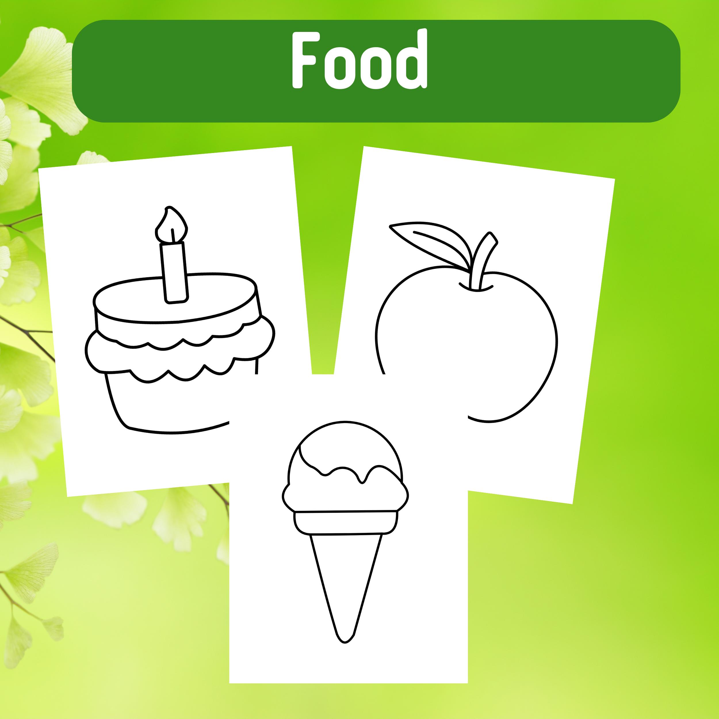 Pu&ograve; includere: Disegni in bianco e nero di tre alimenti: una torta di compleanno con una candela, una mela e un cono gelato.