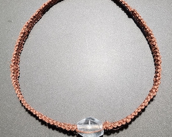 Brown Flat Hemp Necklace/Natural Core with "Clear Polyhedron" glass bead (17.5" length, 3/8" thickness)