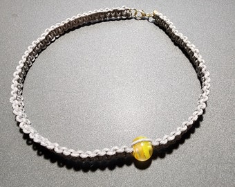 Grey Flat Hemp Choker/Natural Core with "Orange Yellow Swirl" glass bead (14" length, 3/8" thickness)