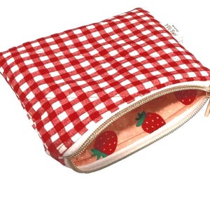 Red Gingham quilted floral mini pouch, sanitary pouch, zippered pouch, pouch, make up bag,