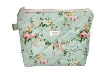 Large Quilted Floral Pouch, Cotton Makeup Bag, Travel Cosmetic Bag