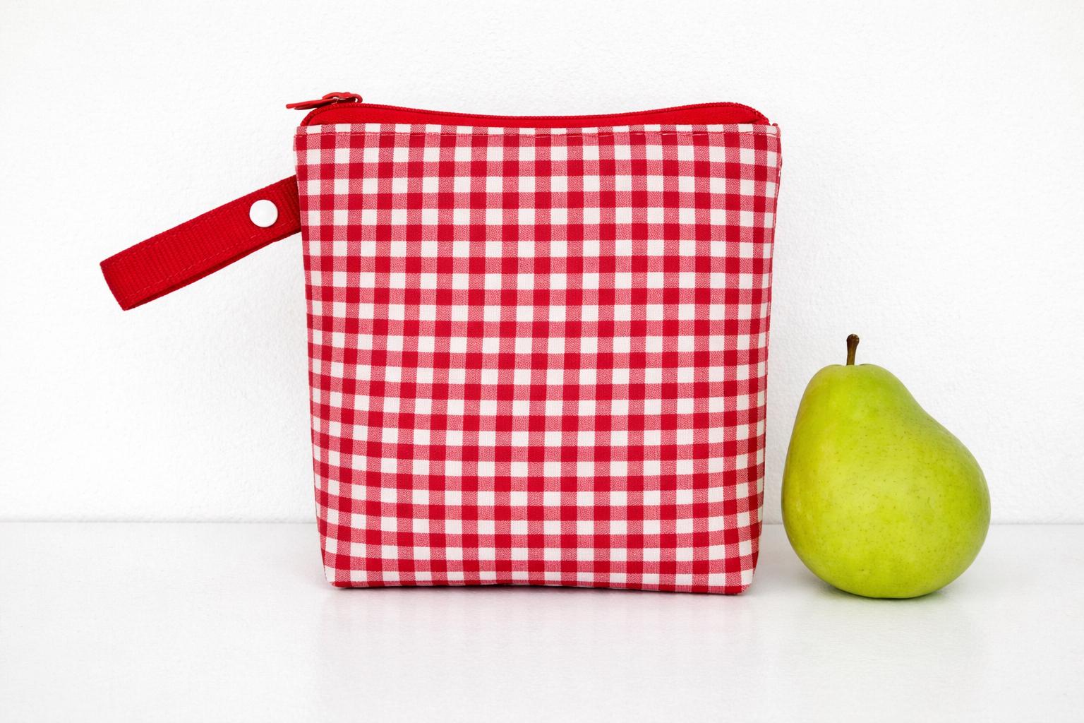 Insulated Snack Pouch, gingham Cotton Print, lunch bag, red pouch,