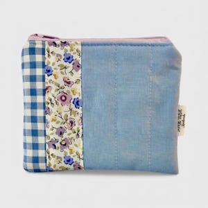 Boho Quilted Pouch, Blue Floral Gingham Patchwork Cotton, USA Made
