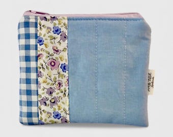 Boho Quilted Pouch, Blue Floral Gingham Patchwork Cotton, USA Made