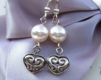 Sterling scrolled heart and pearl earrings with Sterling silver earwires