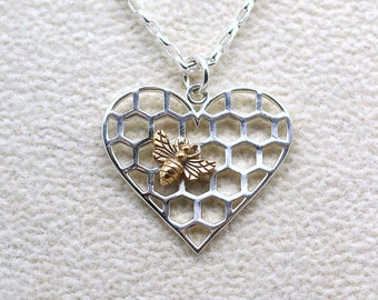 Honeycomb and Bee Heart shaped Necklace, in Sterling Silver and Bronze