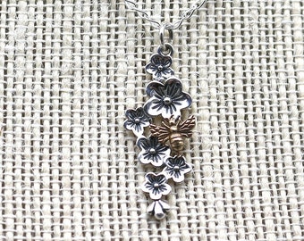 Sterling Cherry Blossom Flowers with Bronze Bee Necklace, 18 inch Sterling chain