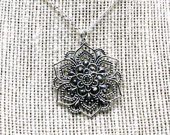 Mandala Pendant necklace, openwork design, with 18 inch chain - all Sterling Silver components