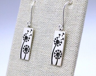 Dandelion Flower, long, rectangular Sterling Silver earrings