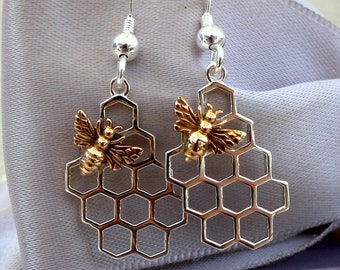 Honeycomb and Bronze Bee earrings - with Sterling or Gold filled earwires