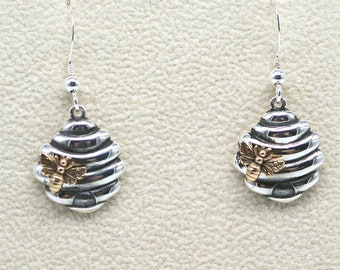 Sterling beehive and bee earrings with your choice of Silver or Gold-filled earwires