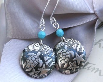 Ocean Life earrings - Etched Sterling Silver with fine quality crystal accents
