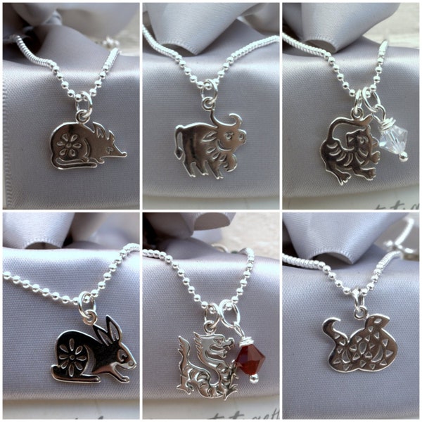 Chinese Zodiac Sterling charm necklace with 18in chain, all Sterling Silver and optional crystal birthstone charm