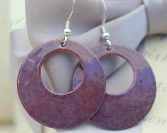 Purple enameled large hoop earrings with Sterling silver earwires