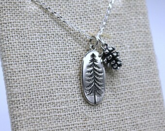 Pine Tree necklace with optional Pine cone charm with 18" chain, all Sterling silver