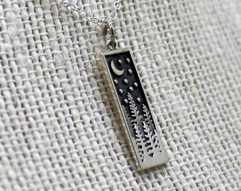 Pine Trees and Moon, rectangle pendant necklace, all Sterling Silver