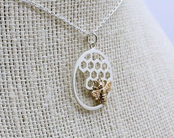 Oval, Honeycomb Bronze Bee pendant necklace, Sterling chain included