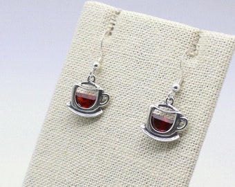 Sterling Silver Coffee or Tea cup earrings with Dark Red CZ accents, and Sterling Silver earwires