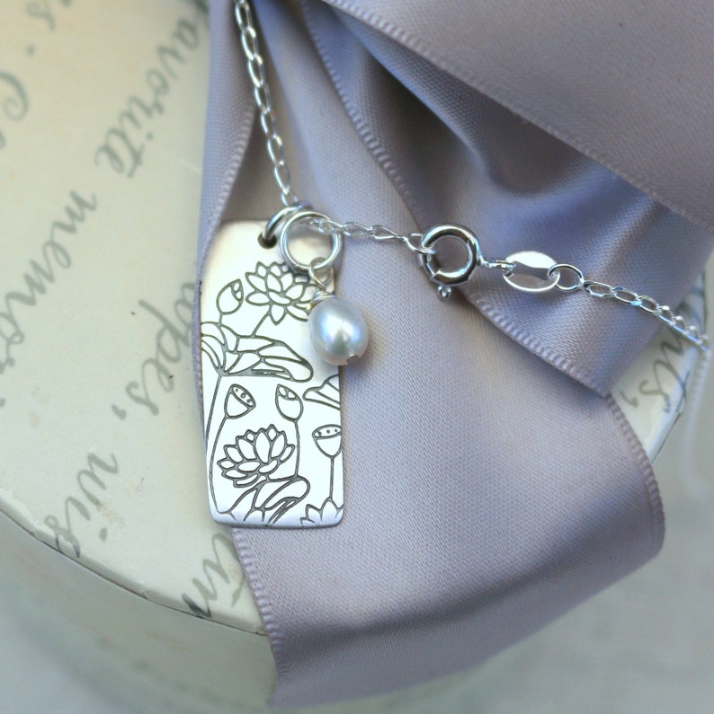 Lotus etched tag Sterling pendant necklace with 18 inch Sterling chain