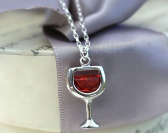 Red Wine Glass necklace, Sterling and CZ stone with Sterling Silver 18in chain