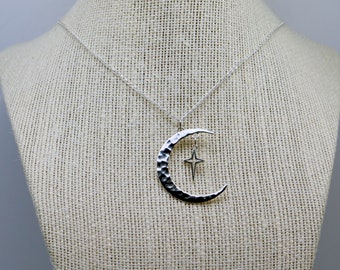 Hammered finish Crescent Moon with North Star charm necklace - All Sterling Silver components