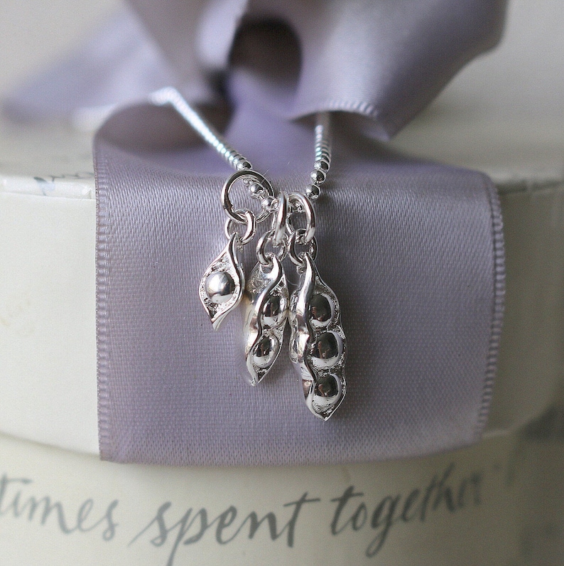 Sterling Silver Pea Pod and chain, your choice of One Two or Three Pods and optional sweet pea charm image 1