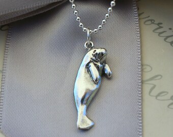 Sterling Silver Manatee necklace with 18in chain - optional crystal charm