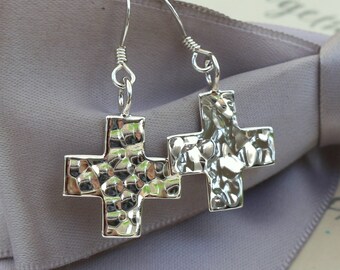 Sterling Silver cross earrings with Hammered finish