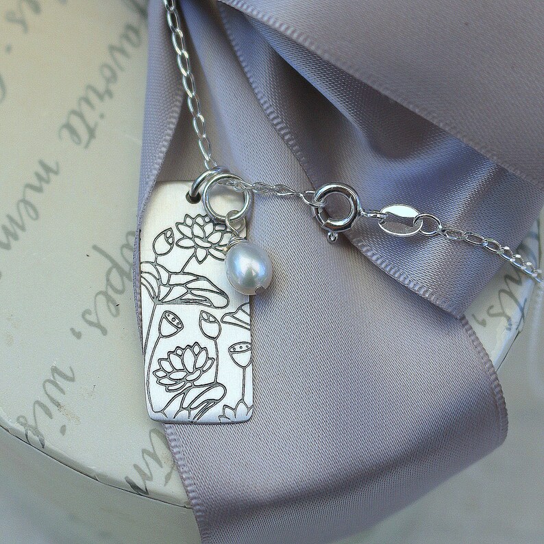 Lotus etched tag Sterling pendant necklace with 18 inch Sterling chain