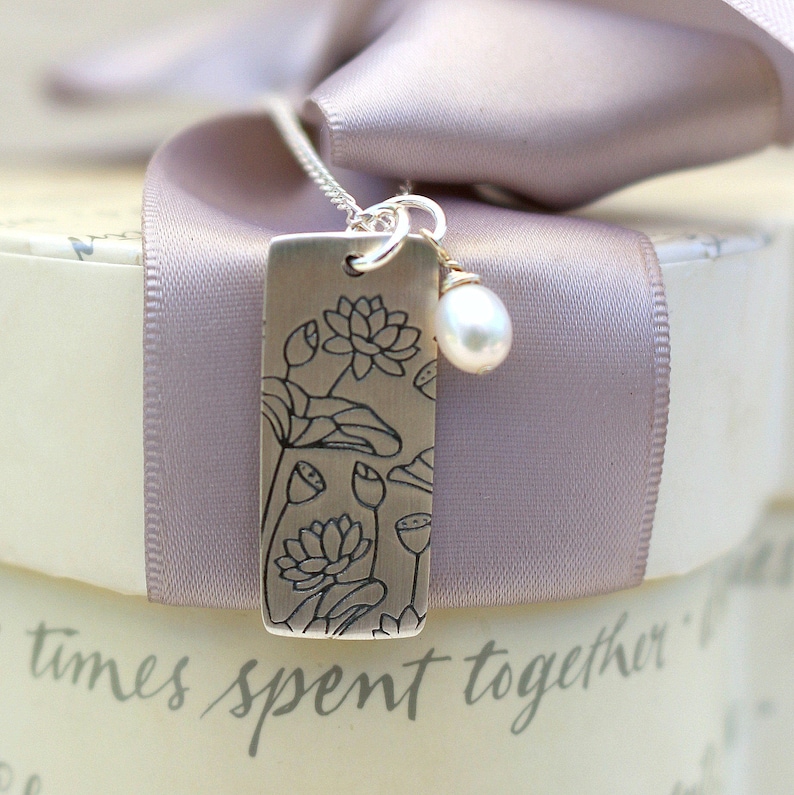 Lotus etched tag Sterling pendant necklace with 18 inch Sterling chain