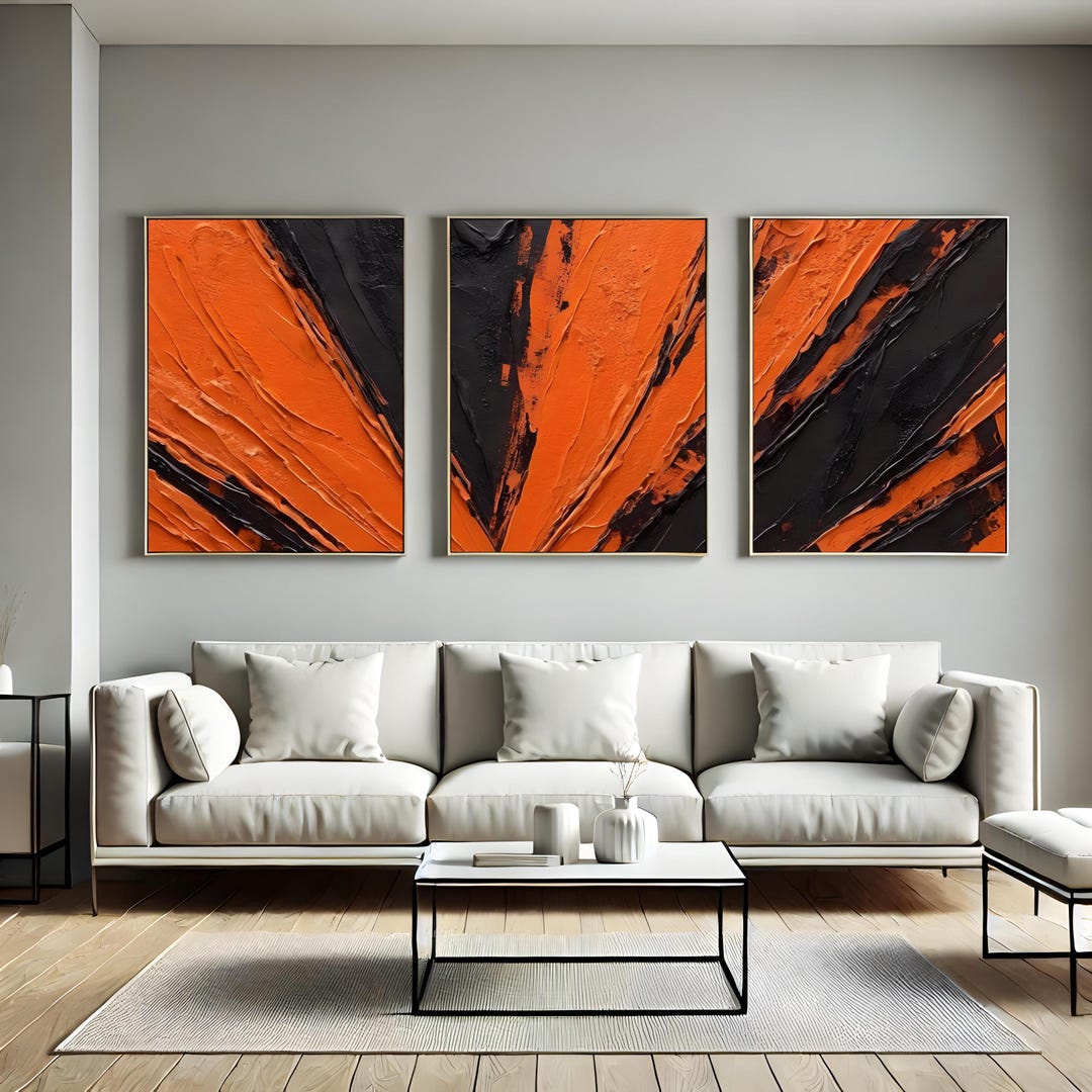 Gallery Detail: Abstract Expressionist Triptych Wall Art Orange Black Bold Textured