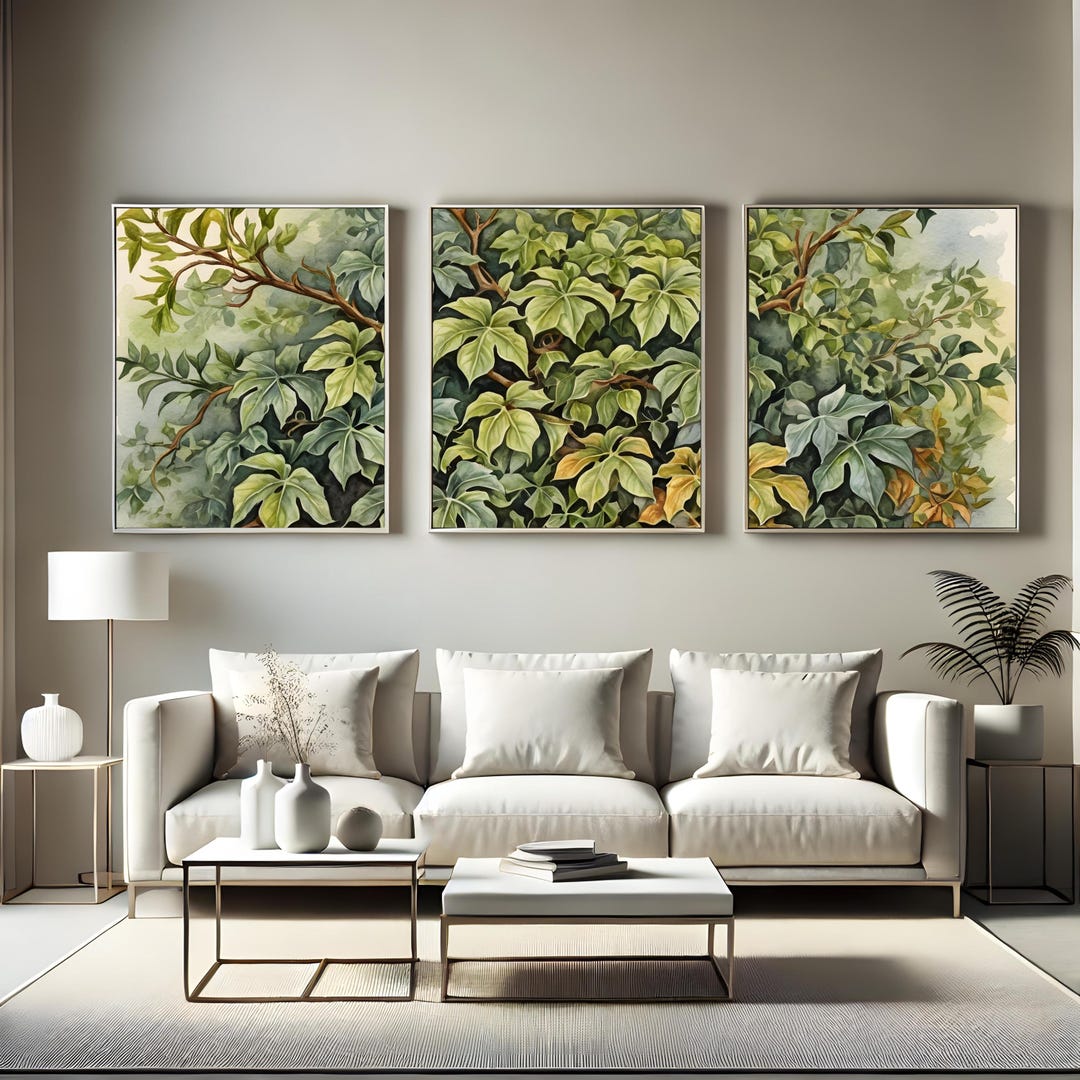 Botanical Triptych Wall Art Set, Watercolor Leaves Print, Green Nature ...