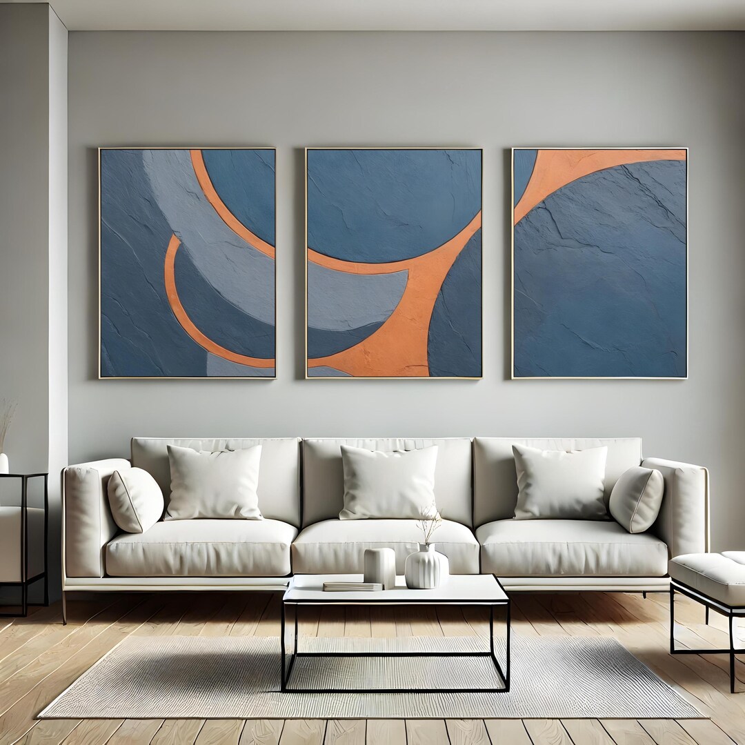 Abstract Triptych Wall Art Set, Slate Blue Orange Circles, Modern ...